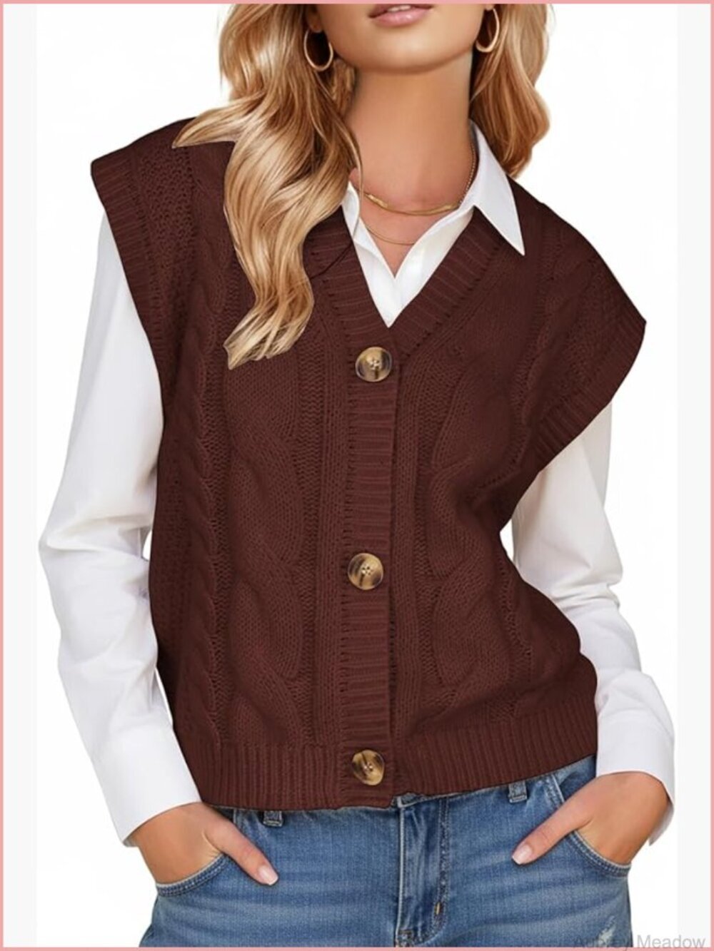Chunky Cable Knit Sleeveless V-Neck Button Down Sweater Vest Cardigan